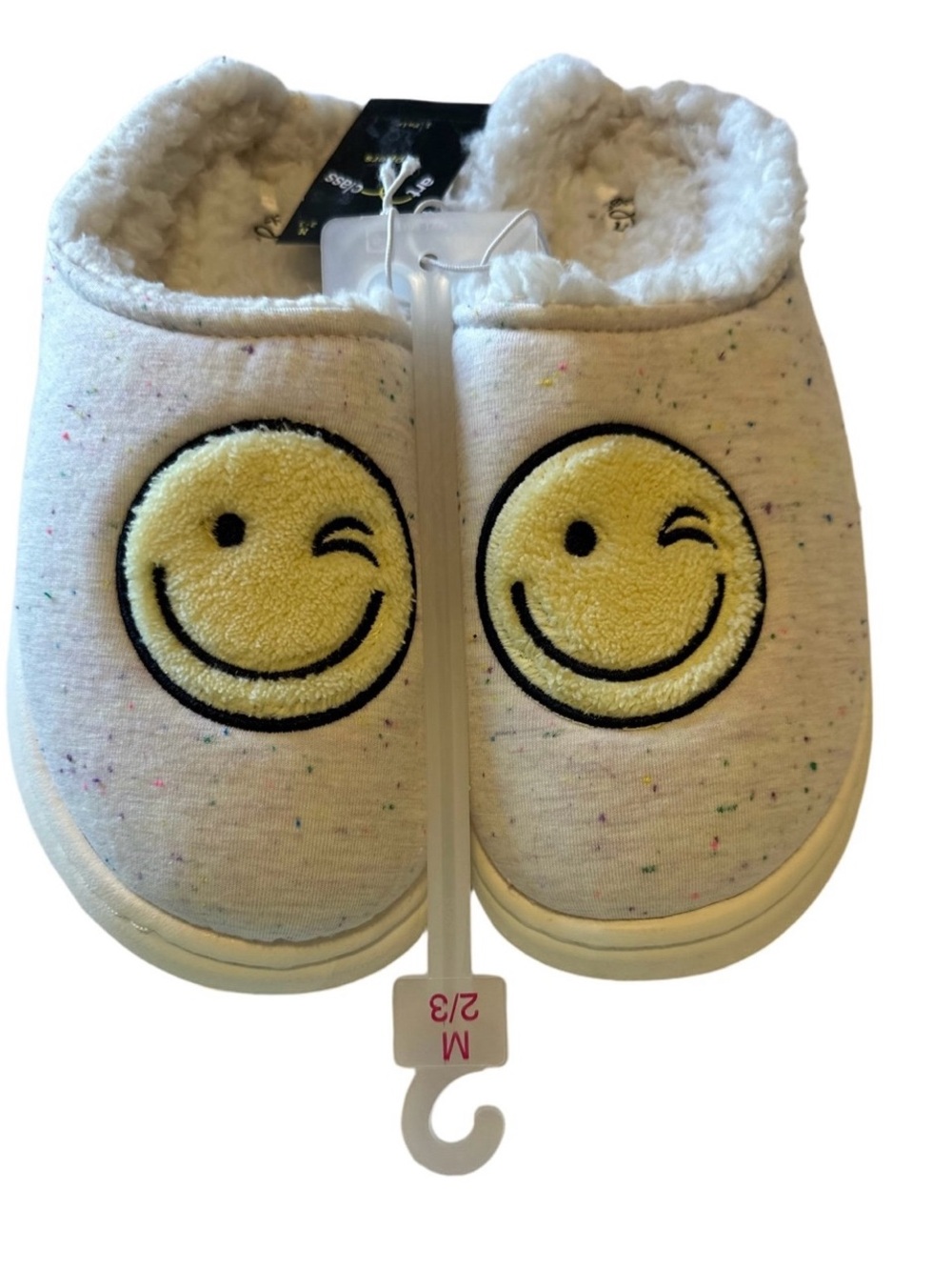 art class White Kids Smiley Slip-On Slippers with Yellow Face